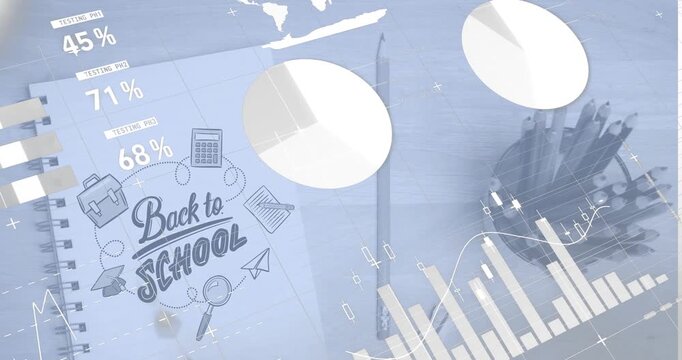 Animation of data processing over back to school text and school equipment