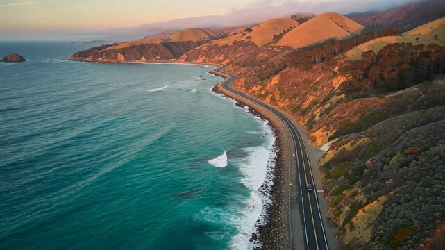 Scenic coastal highway winding along ocean cliffs during sunset with vibrant landscape and clear blue water