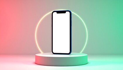 Modern Smartphone Displayed on Pedestal with Neon Ring.