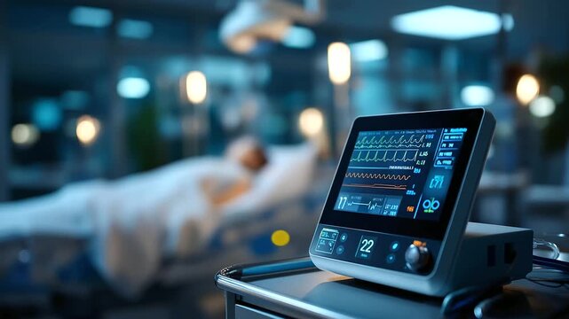 Patient monitoring equipment in hospital room, medical technology display, healthcare device operation, vital signs tracking system, clinical care environment, defocused medical se