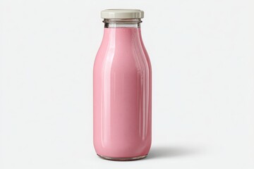 A tall glass bottle filled with pink strawberry milk stands against a clean white background