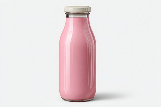 A tall glass bottle filled with pink strawberry milk stands against a clean white background