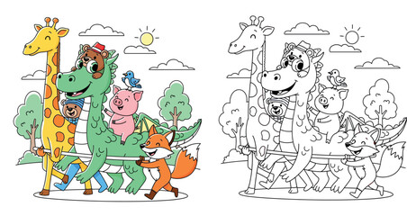 Naklejka premium Cute cartoon animals marching together holding a pole including giraffe dragon fox and pig in nature, happy vector illustration for friendship and teamwork concepts.