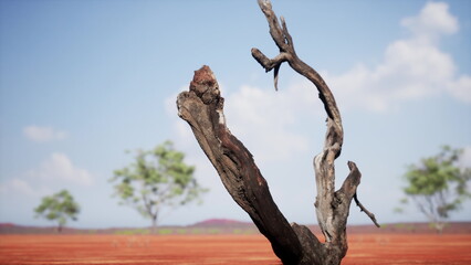 A twisted and aged tree trunk stands alone on a dry landscape, surrounded by soft green foliage. © icetray