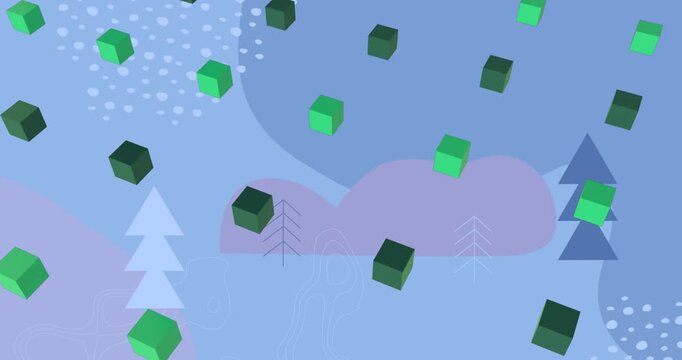 Animation of green 3d cube icons in seamless pattern over christmas tree icons on blue background