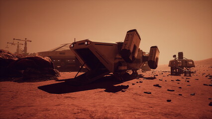 In a dusty, reddish terrain on Mars, two abandoned vehicles sit among scattered rocks. The harsh environment highlights the solitude and mystery of the planets surface as shadows stretch. © icetray