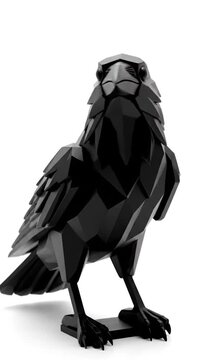 A geometric, black, stylized raven figurine stands on a white backdrop, gazing upwards