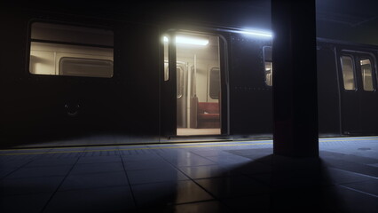 In a quiet underground station, a subway train stands still, doors open, inviting waiting passengers. Shadows dance along the platform as soft lights flicker, creating a mysterious atmosphere. © icetray