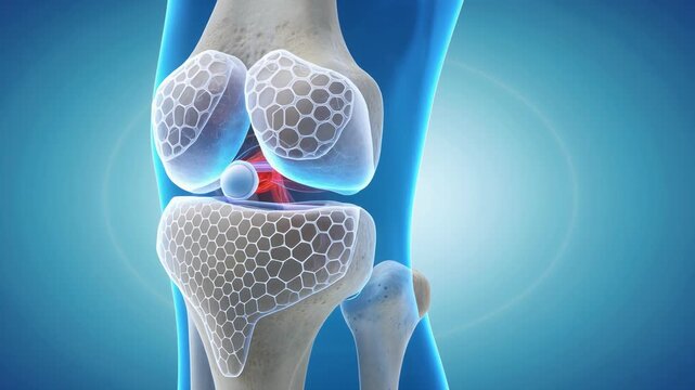 Detailed 3D illustration of a human knee joint showing bones cartilage and ligaments in blue background