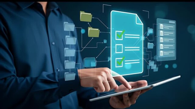 Document management system. Document archiving and retrieval. Approval workflow automation and record compliance. Businessperson using tablet computer.
