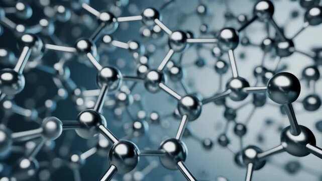 Close up of silver molecular structure with connected atoms and bonds in scientific background