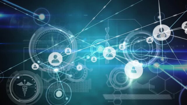 Animation of connected dots and symbols in circles, graph against abstract background