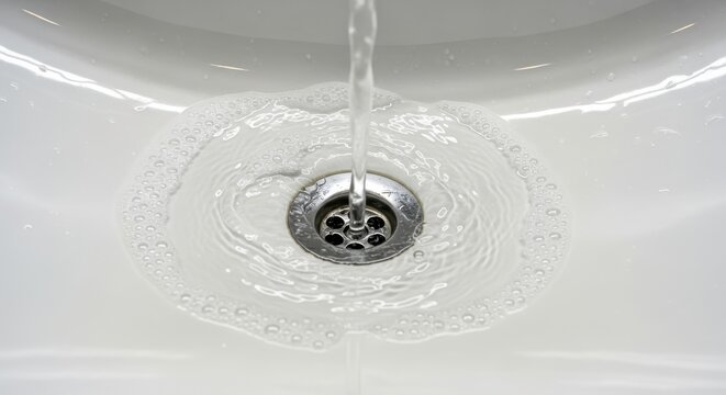 Clear liquid stream flows down into a metallic basin opening creating ripples and foam