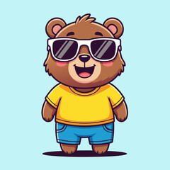 Obraz premium Cute Bear Wearing Sunglasses Cartoon Vector Icon