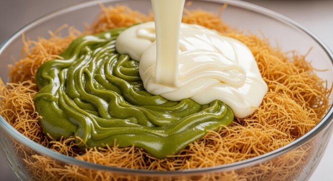 Pour pistachio spread and melted white chocolate over the kadaif.