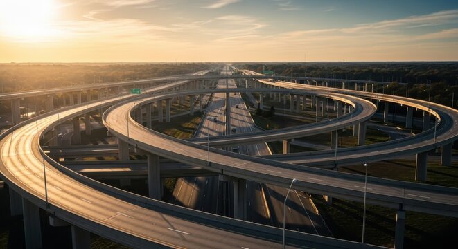 Aerial view of a complex highway interchange with multiple levels at sunrise