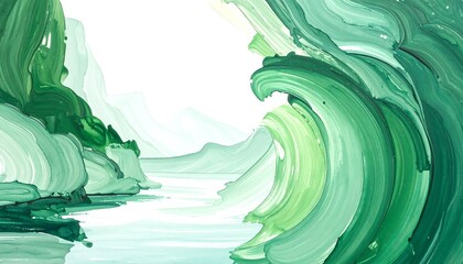 Abstract Green Wave Landscape Painting.