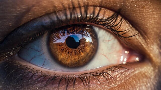 Close up of a brown human eye with detailed iris and eyelashes natural skin texture