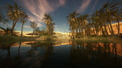 Obraz premium In a peaceful desert oasis, tall palm trees frame a calm water body reflecting the colorful sky at dusk. This tranquil scene invites relaxation and admiration of natures beauty.
