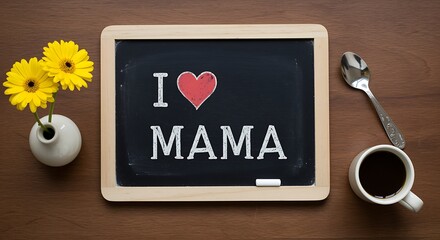 Naklejka premium Small black chalkboard with I love Mama message surrounded by yellow flowers and coffee cup