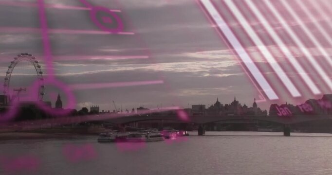A series of data processing and statistics animations set against a backdrop of the london cityscape