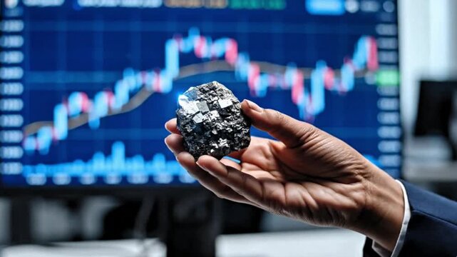 Video, employee's hand holding a chunk of rare earth with a blurred computer screen background displaying financial charts, stocks, crypto, 