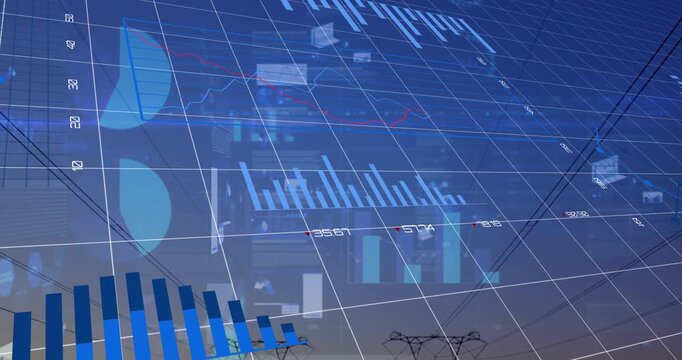 An animation of financial graphs superimposed over electricity poles at dusk