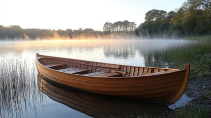 Serene Morning at a Tranquil Lake with a Wooden Boat Surrounded by Misty Forest and Calm Water Reflections in Beautiful Soft Light