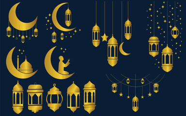 Luxury Ramadan Kareem Golden Elements Set with Crescent Moon and Lanterns © Disna
