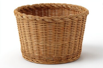 Obraz premium A simple woven wicker basket with a braided rim against a clean white background
