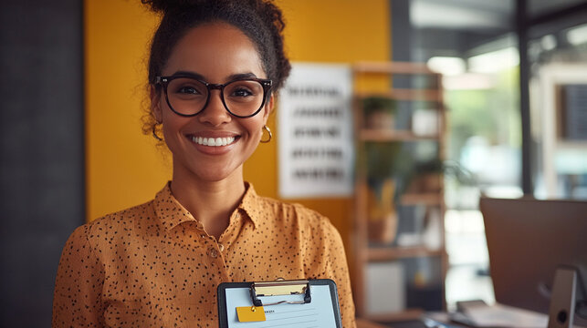 Close-up of a smiling secretary in a modern nonprofit office, bold typography mission wall, clipboard with forms and volunteer badges on desk, daylight realism