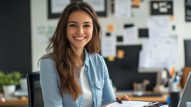 Close-up of a smiling secretary in a modern nonprofit office, bold typography mission wall, clipboard with forms and volunteer badges on desk, daylight realism