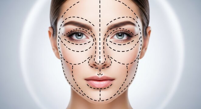 Woman's face displays areas marked with dashed lines indicating zones for cosmetic enhancement procedures