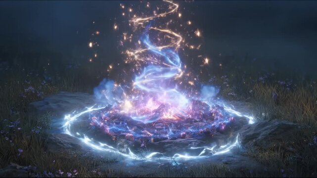 A mystical glowing swirl of blue and purple energy rises from a stone in a grassy field