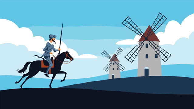 Legendary knight Don Quixote riding his horse toward giant windmills in a classic landscape scene from Spanish literature.