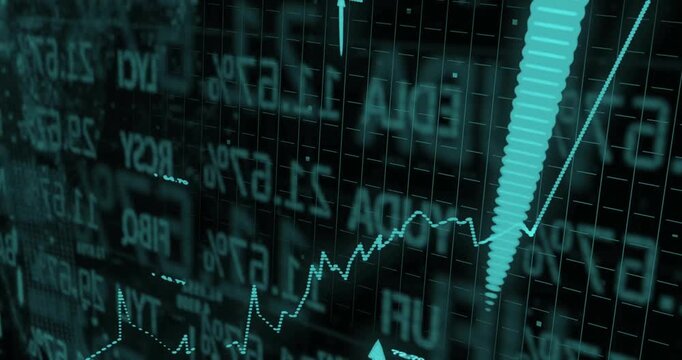 Animation of graphs, up arrows, changing numbers and trading board over black background