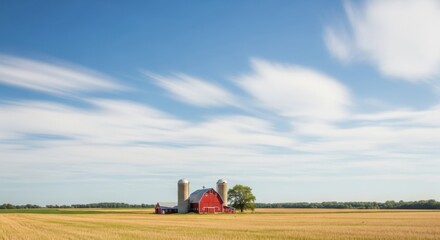 Fototapeta premium A serene rural landscape with a red barn and silos standing amidst a vast field under a blue sky with white clouds viewed from a distance