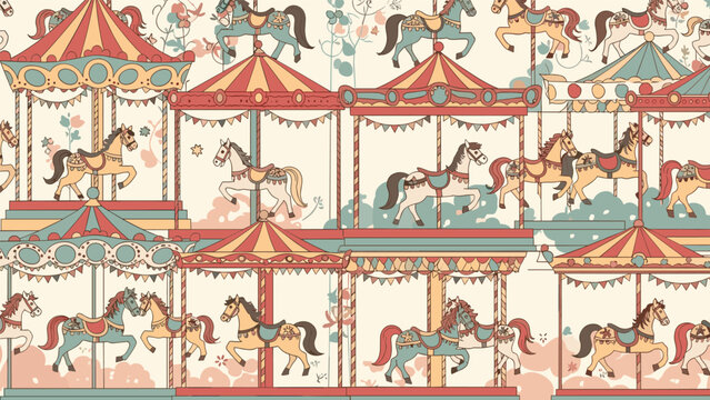 Vintage style seamless pattern of carousel horses with ornate saddles and poles against a light background with floral elements.