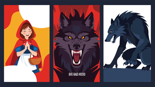 Triple panel illustration of little red riding hood with a basket and the big bad wolf in a threatening and fierce pose.