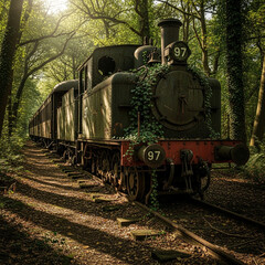 Obraz premium Old train on tracks in a forest with green trees and ivy covering it