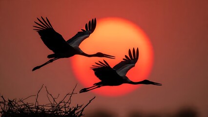 Obraz premium Graceful Cranes in Silhouette Against a Vibrant Sunset with Nest in Foreground
