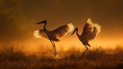 Obraz premium Elegant Cranes Dancing at Sunrise Amidst Golden Fog in Nature's Serenity