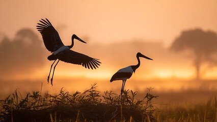 Obraz premium Majestic Cranes in Silhouette at Dawn Over Tranquil Wetlands Landscape