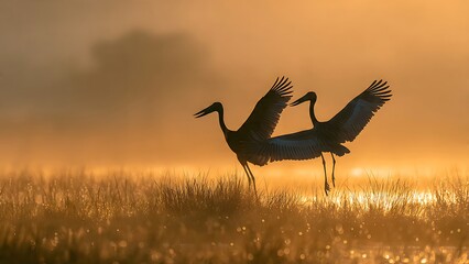 Obraz premium Elegant Cranes in Silhouette at Sunrise Amidst Golden Misty Landscape