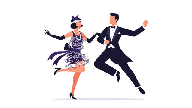 Elegant man in a tuxedo and woman in a flapper dress performing a 1920s jazz dance on a plain white background.