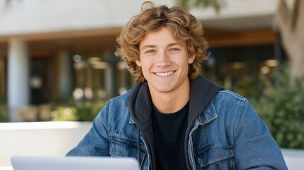 Fototapeta premium A cheerful young man sits at a table outdoors, working on his laptop. Surrounded by lush greenery, he smiles brightly, soaking in the sun and the lively atmosphere of the campus