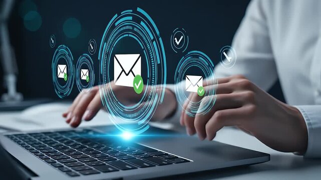 Secure email security system. Spam message filter and threat detection. Encryption and zero trust architecture. Businessperson using laptop computer.
