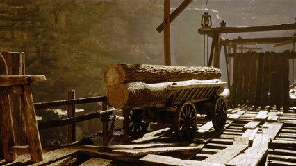 A rustic cart filled with logs stands on wooden planks under soft sunlight. The canyon backdrop adds a rugged charm, evoking a sense of an old mining village. © icetray