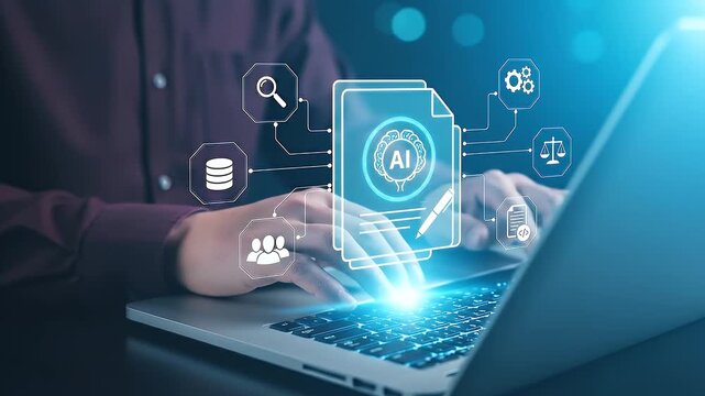 AI-powered document and text generation. Retrieval-augmented generation RAG. Business process automation with generative AI. Businessperson using laptop computer.
