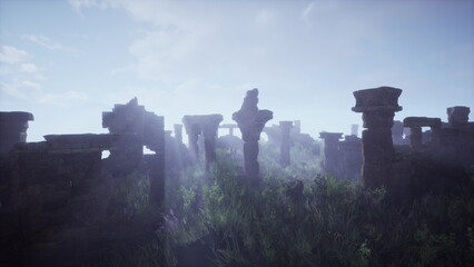 Obraz premium The scene captures mysterious ancient ruins illuminated by gentle morning light. Tall columns and stone structures blend with lush greenery, creating an enchanting atmosphere filled with history.